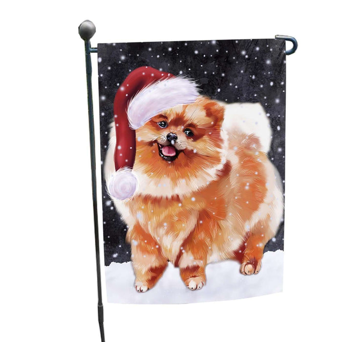 Let it Snow Christmas Holiday Pomeranian Dog Wearing Santa Hat Garden Flag FLG051