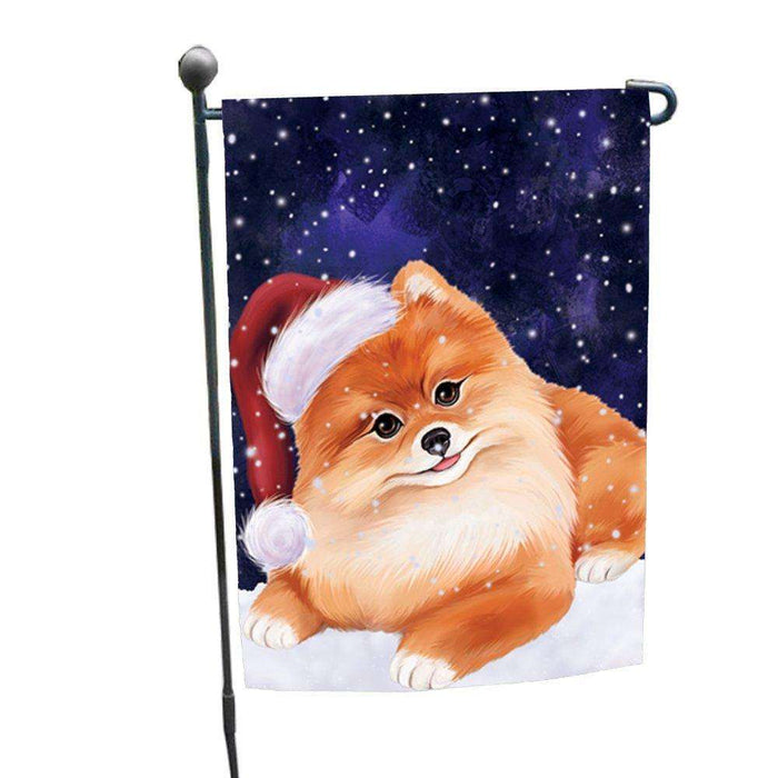 Let it Snow Christmas Holiday Pomeranian Dog Wearing Santa Hat Garden Flag