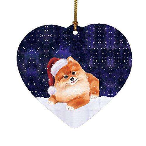 Let it Snow Christmas Holiday Pomeranian Dog Wearing Santa Hat Heart Ornament D221