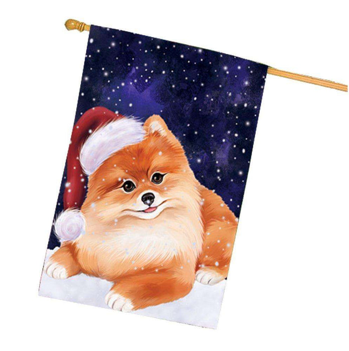 Let it Snow Christmas Holiday Pomeranian Dog Wearing Santa Hat House Flag
