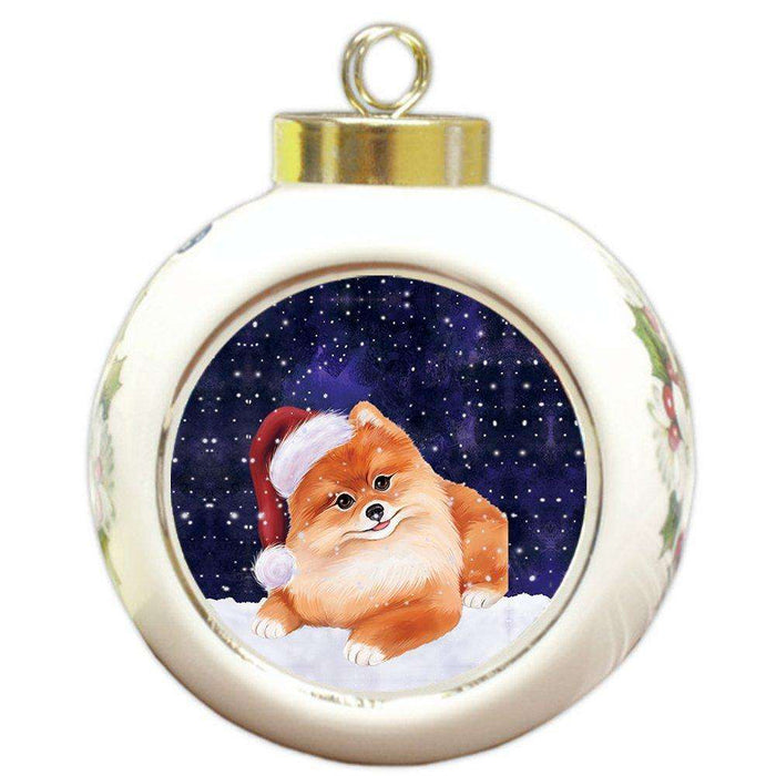 Let it Snow Christmas Holiday Pomeranian Dog Wearing Santa Hat Round Ball Ornament D221