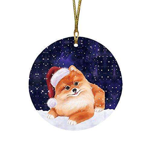 Let it Snow Christmas Holiday Pomeranian Dog Wearing Santa Hat Round Ornament D221