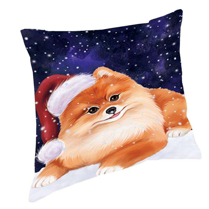 Let it Snow Christmas Holiday Pomeranian Dog Wearing Santa Hat Throw Pillow D379
