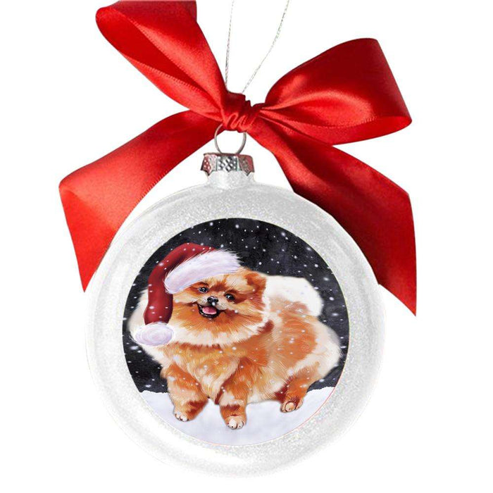 Let it Snow Christmas Holiday Pomeranian Dog White Round Ball Christmas Ornament WBSOR48654