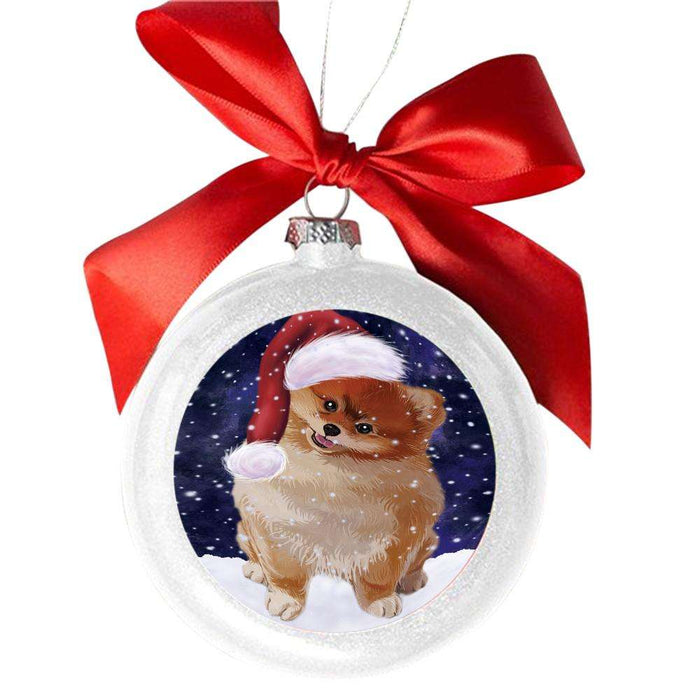 Let it Snow Christmas Holiday Pomeranian Dog White Round Ball Christmas Ornament WBSOR48655
