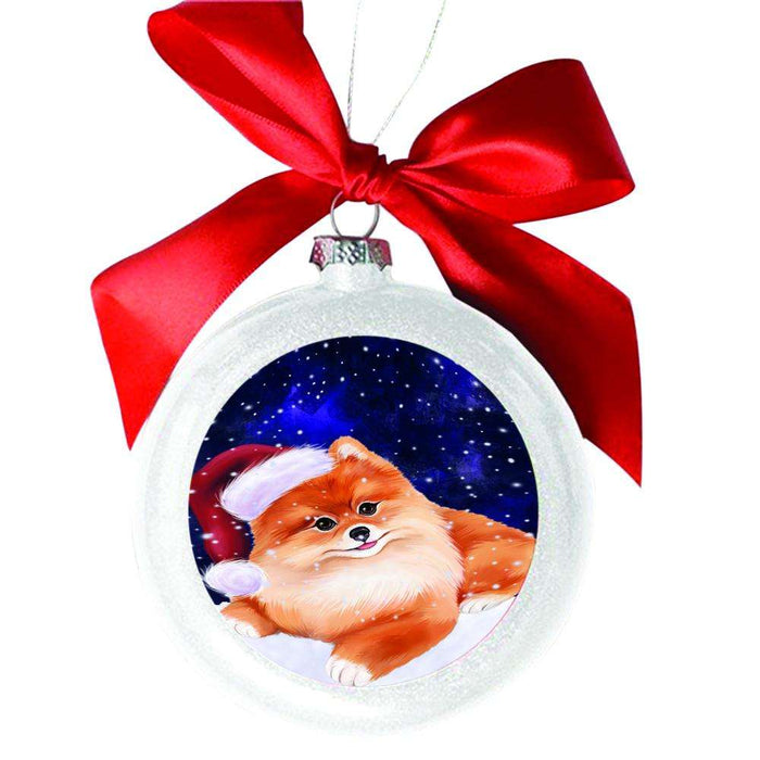 Let it Snow Christmas Holiday Pomeranian Dog White Round Ball Christmas Ornament WBSOR48657