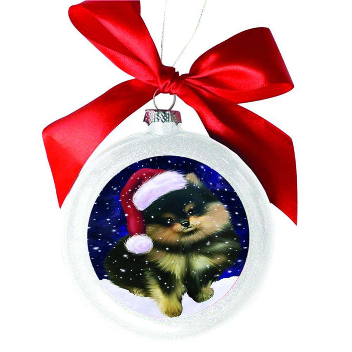 Let it Snow Christmas Holiday Pomeranian Dog White Round Ball Christmas Ornament WBSOR48661
