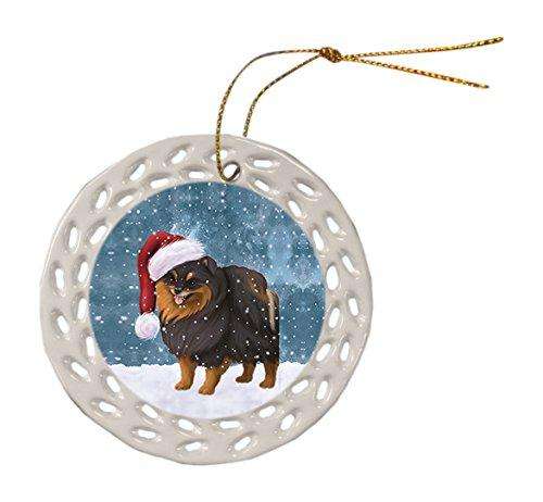 Let it Snow Christmas Holiday Pomeranian Spitz Dog Wearing Santa Hat Ceramic Doily Ornament D014