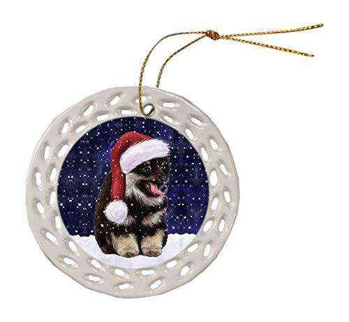 Let it Snow Christmas Holiday Pomeranian Spitz Dog Wearing Santa Hat Ceramic Doily Ornament D015
