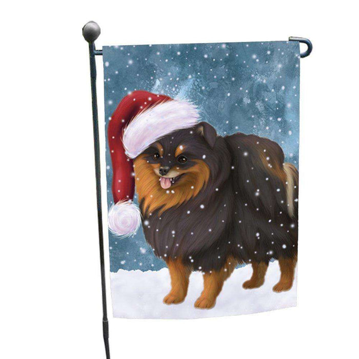 Let it Snow Christmas Holiday Pomeranian Spitz Dog Wearing Santa Hat Garden Flag