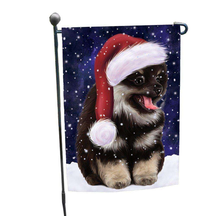 Let it Snow Christmas Holiday Pomeranian Spitz Dog Wearing Santa Hat Garden Flag