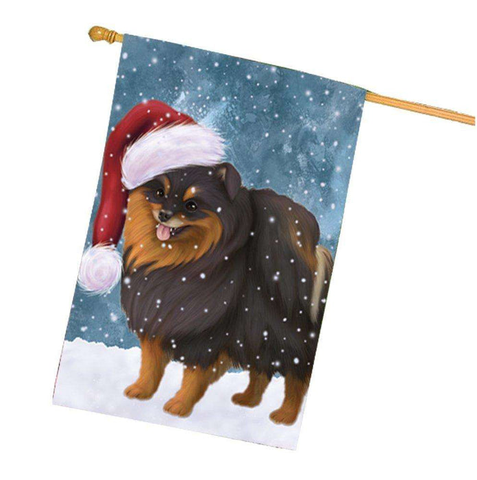 Let it Snow Christmas Holiday Pomeranian Spitz Dog Wearing Santa Hat House Flag