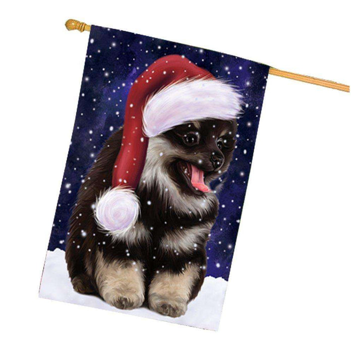 Let it Snow Christmas Holiday Pomeranian Spitz Dog Wearing Santa Hat House Flag