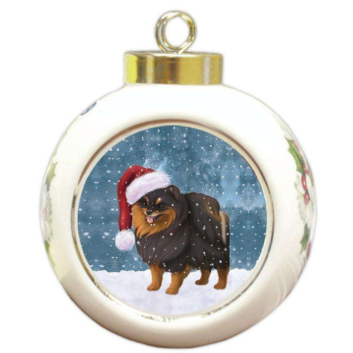 Let it Snow Christmas Holiday Pomeranian Spitz Dog Wearing Santa Hat Round Ball Ornament D222