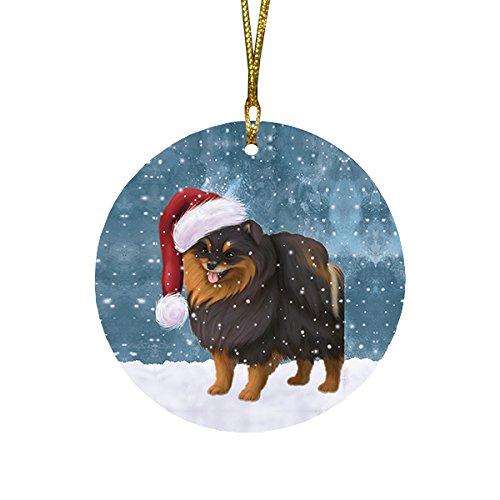 Let it Snow Christmas Holiday Pomeranian Spitz Dog Wearing Santa Hat Round Ornament D222