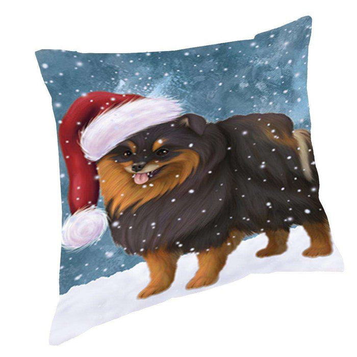 Let it Snow Christmas Holiday Pomeranian Spitz Dog Wearing Santa Hat Throw Pillow D380