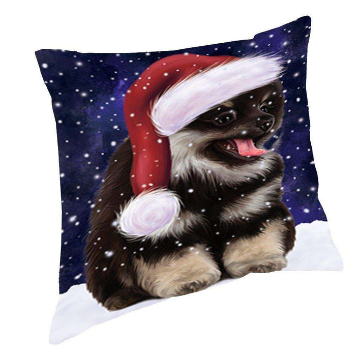 Let it Snow Christmas Holiday Pomeranian Spitz Dog Wearing Santa Hat Throw Pillow D381