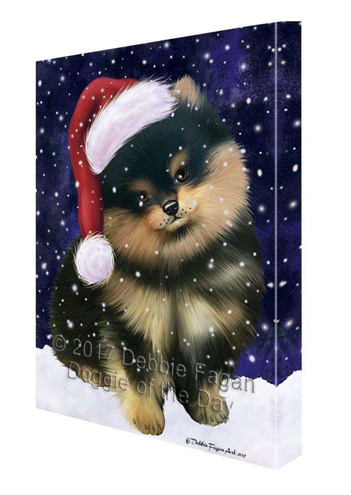 Let it Snow Christmas Holiday Pomeranians Dog Wearing Santa Hat Canvas Wall Art