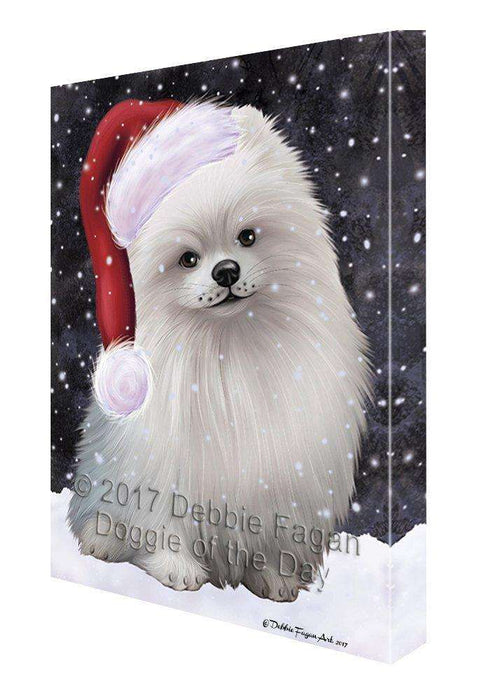 Let it Snow Christmas Holiday Pomeranians Dog Wearing Santa Hat Canvas Wall Art