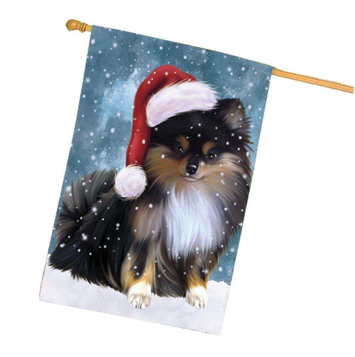 Let it Snow Christmas Holiday Pomeranians Dog Wearing Santa Hat House Flag