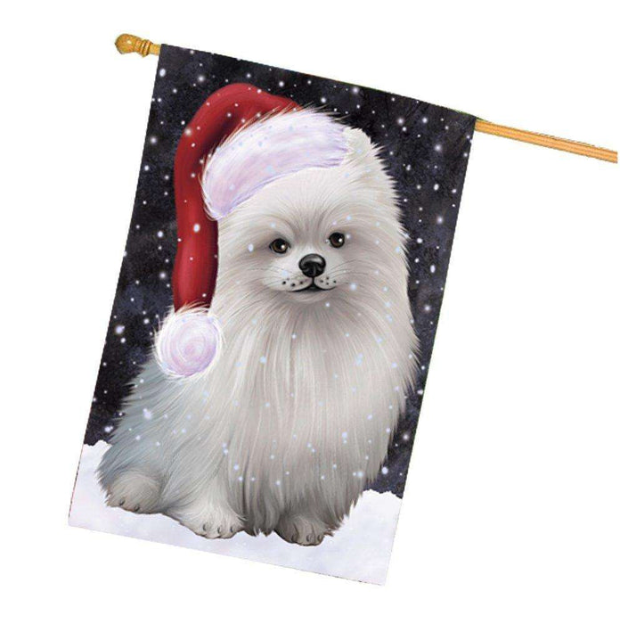 Let it Snow Christmas Holiday Pomeranians Dog Wearing Santa Hat House Flag