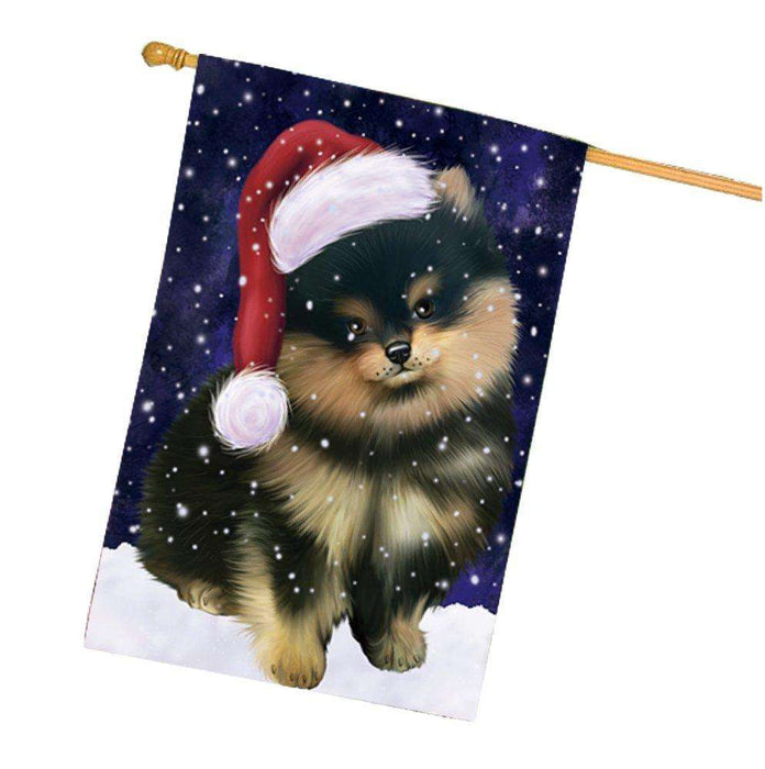 Let it Snow Christmas Holiday Pomeranians Dog Wearing Santa Hat House Flag