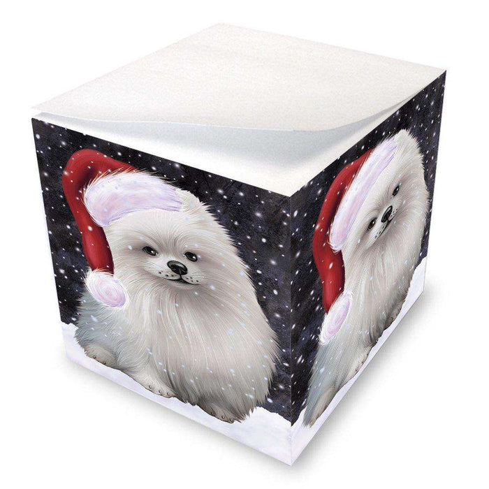 Let it Snow Christmas Holiday Pomeranians Dog Wearing Santa Hat Note Cube D338