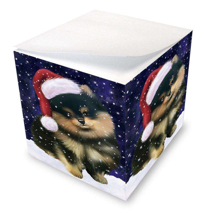 Let it Snow Christmas Holiday Pomeranians Dog Wearing Santa Hat Note Cube D339
