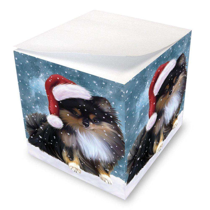 Let it Snow Christmas Holiday Pomeranians Dog Wearing Santa Hat Note Cube D340