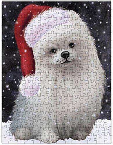 Let it Snow Christmas Holiday Pomeranians Dog Wearing Santa Hat Puzzle with Photo Tin D396