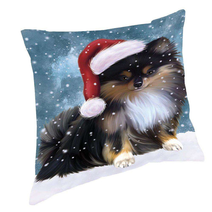 Let it Snow Christmas Holiday Pomeranians Dog Wearing Santa Hat Throw Pillow