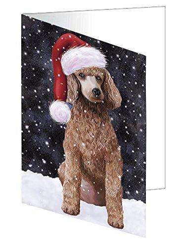 Let it Snow Christmas Holiday Poodle Apricot Dog Wearing Santa Hat Handmade Artwork Assorted Pets Greeting Cards and Note Cards with Envelopes for All Occasions and Holiday Seasons D437