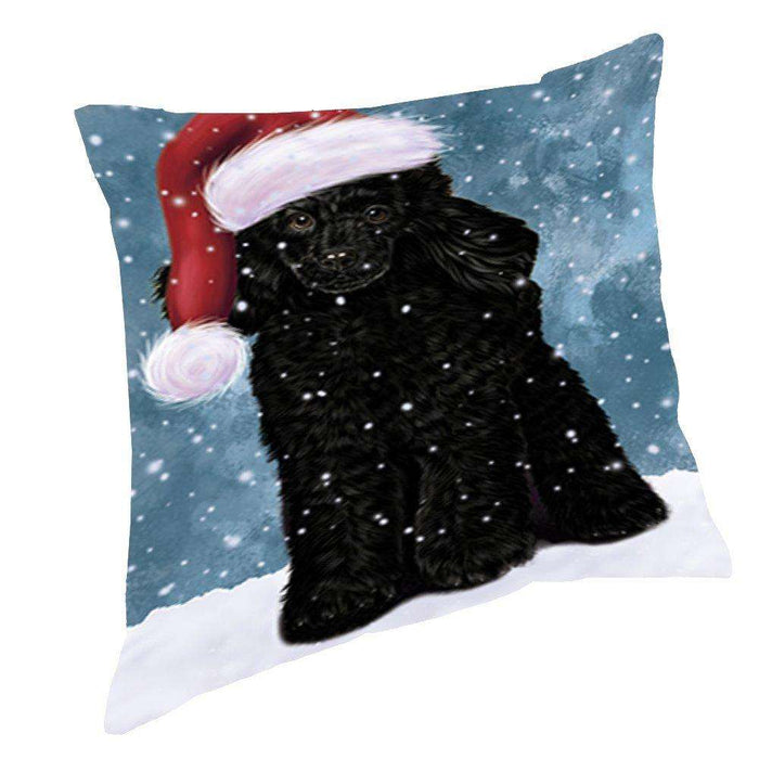 Let it Snow Christmas Holiday Poodle Dog Wearing Santa Hat Throw Pillow D383