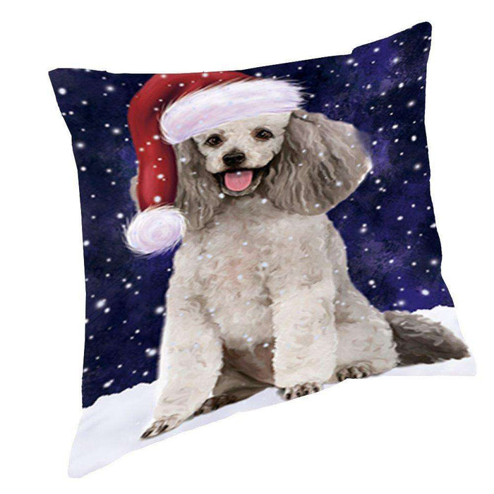 Let it Snow Christmas Holiday Poodle Grey Dog Wearing Santa Hat Throw Pillow D384