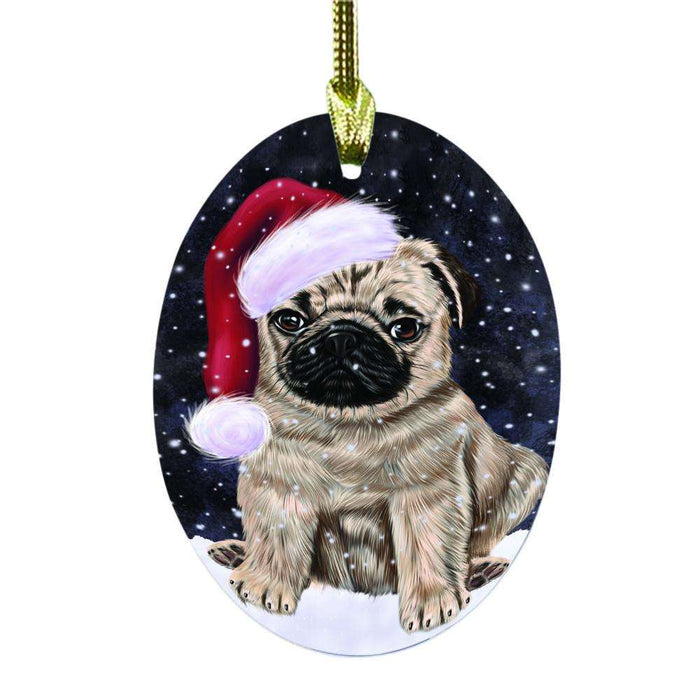 Let it Snow Christmas Holiday Pug Dog Oval Glass Christmas Ornament OGOR48679