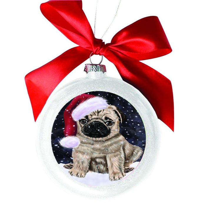 Let it Snow Christmas Holiday Pug Dog White Round Ball Christmas Ornament WBSOR48679