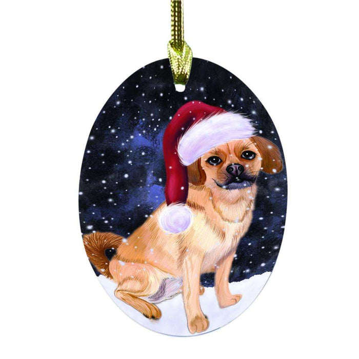 Let it Snow Christmas Holiday Puggle Dog Oval Glass Christmas Ornament OGOR48677