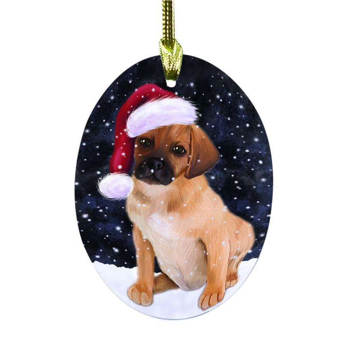 Let it Snow Christmas Holiday Puggle Dog Oval Glass Christmas Ornament OGOR48678