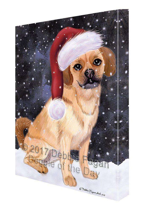 Let it Snow Christmas Holiday Puggle Dog Wearing Santa Hat Canvas Wall Art