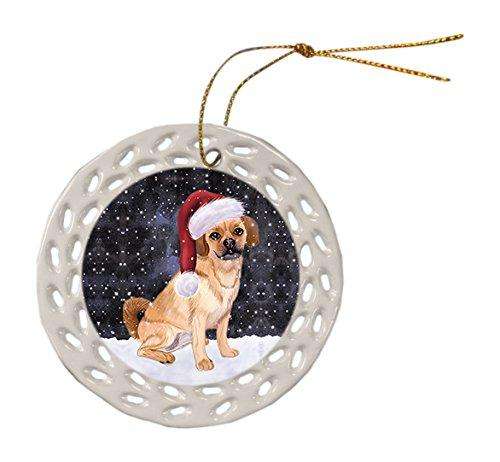 Let it Snow Christmas Holiday Puggle Dog Wearing Santa Hat Ceramic Doily Ornament D021