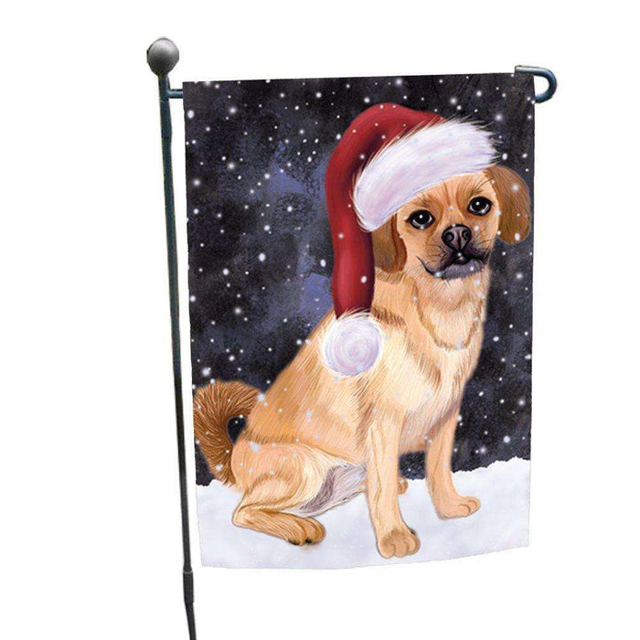 Let it Snow Christmas Holiday Puggle Dog Wearing Santa Hat Garden Flag