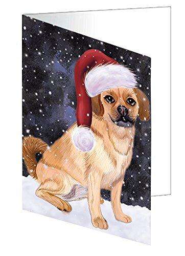 Let it Snow Christmas Holiday Puggle Dog Wearing Santa Hat Handmade Artwork Assorted Pets Greeting Cards and Note Cards with Envelopes for All Occasions and Holiday Seasons D335