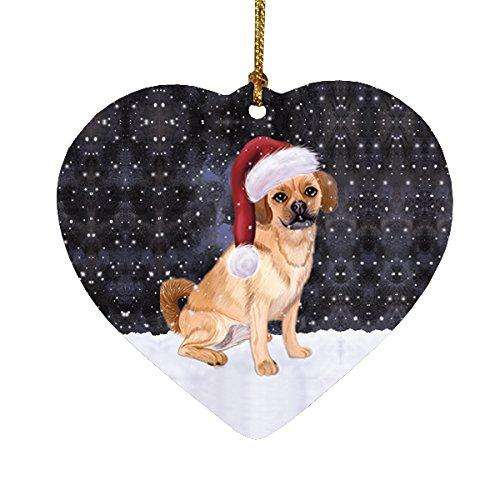 Let it Snow Christmas Holiday Puggle Dog Wearing Santa Hat Heart Ornament D229