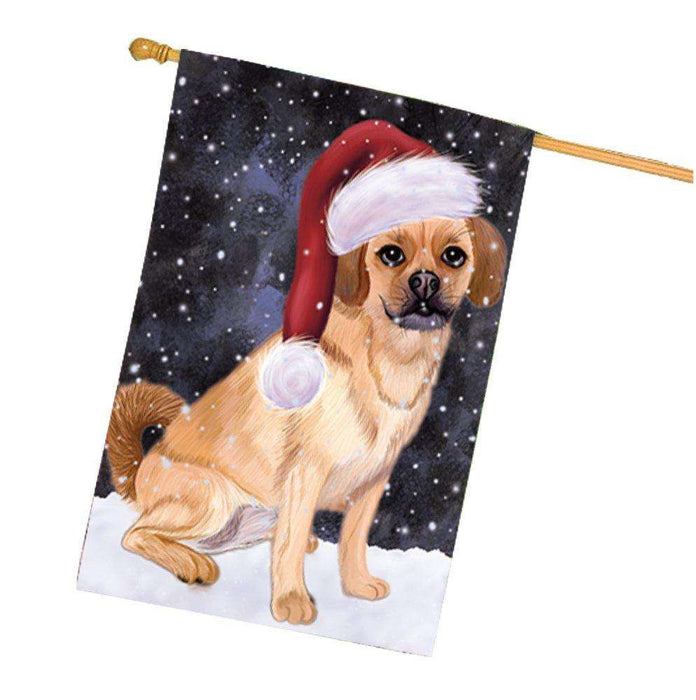 Let it Snow Christmas Holiday Puggle Dog Wearing Santa Hat House Flag