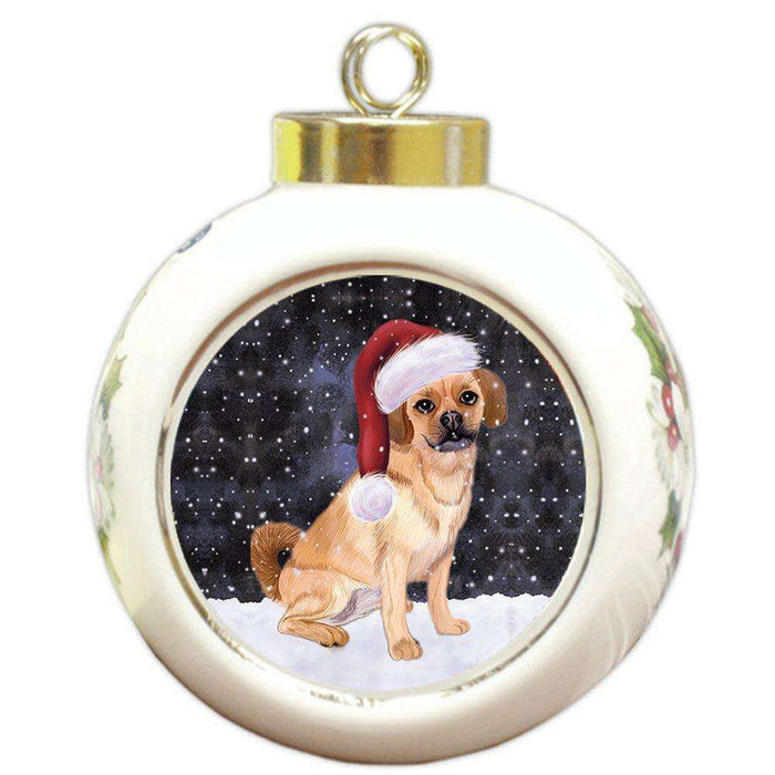 Let it Snow Christmas Holiday Puggle Dog Wearing Santa Hat Round Ball Ornament D229