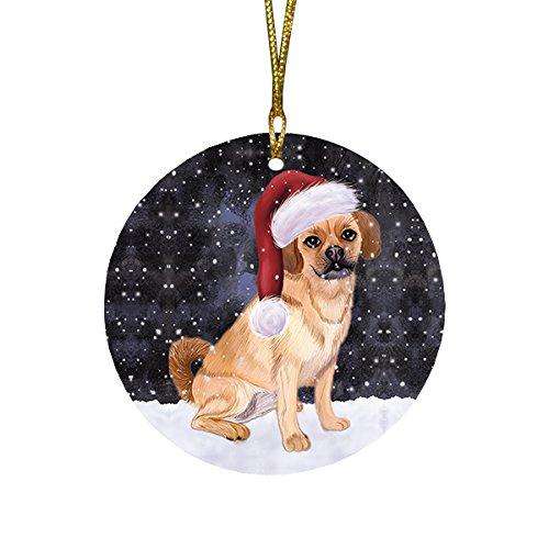 Let it Snow Christmas Holiday Puggle Dog Wearing Santa Hat Round Ornament D229