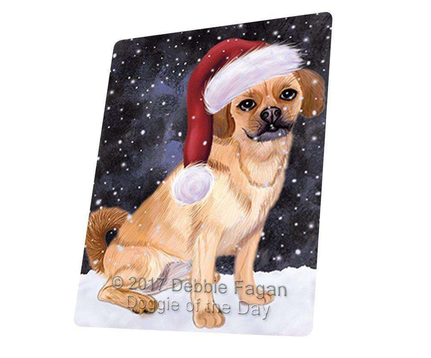 Let it Snow Christmas Holiday Puggle Dog Wearing Santa Hat Tempered Cutting Board