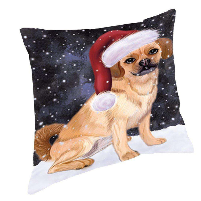 Let it Snow Christmas Holiday Puggle Dog Wearing Santa Hat Throw Pillow D387