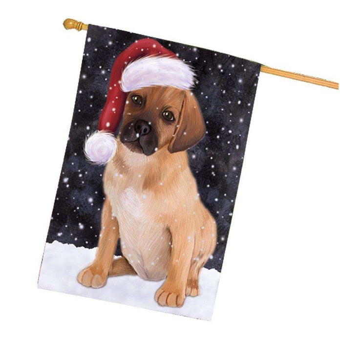 Let it Snow Christmas Holiday Puggle Puppy Dog Wearing Santa Hat House Flag