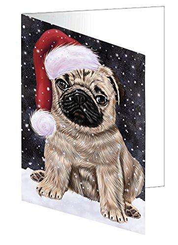 Let it Snow Christmas Holiday Pugs Dog Wearing Santa Hat Handmade Artwork Assorted Pets Greeting Cards and Note Cards with Envelopes for All Occasions and Holiday Seasons